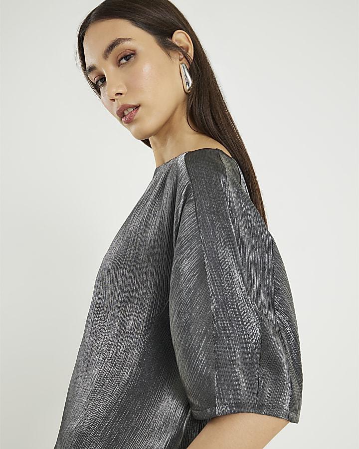 River Island Black Short Sleeve Metallic Tailored Top