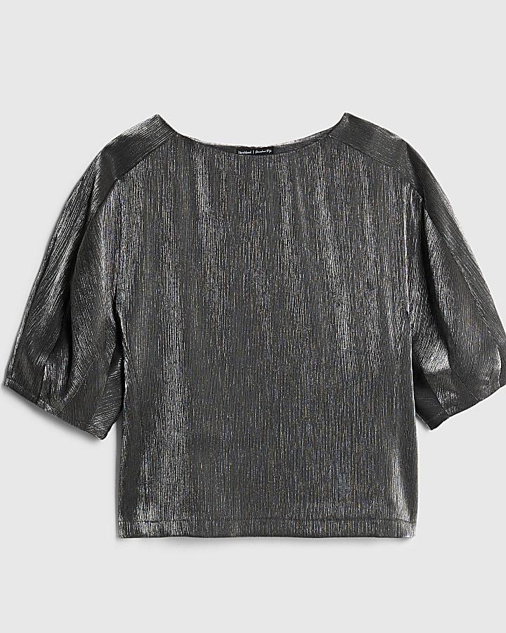 river island Black Short Sleeve Metallic Tailored Top