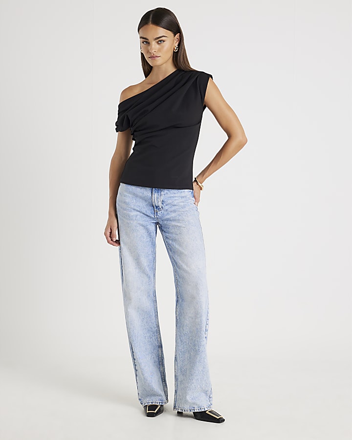 River Island Black Short Sleeve Off Shoulder Drape Top