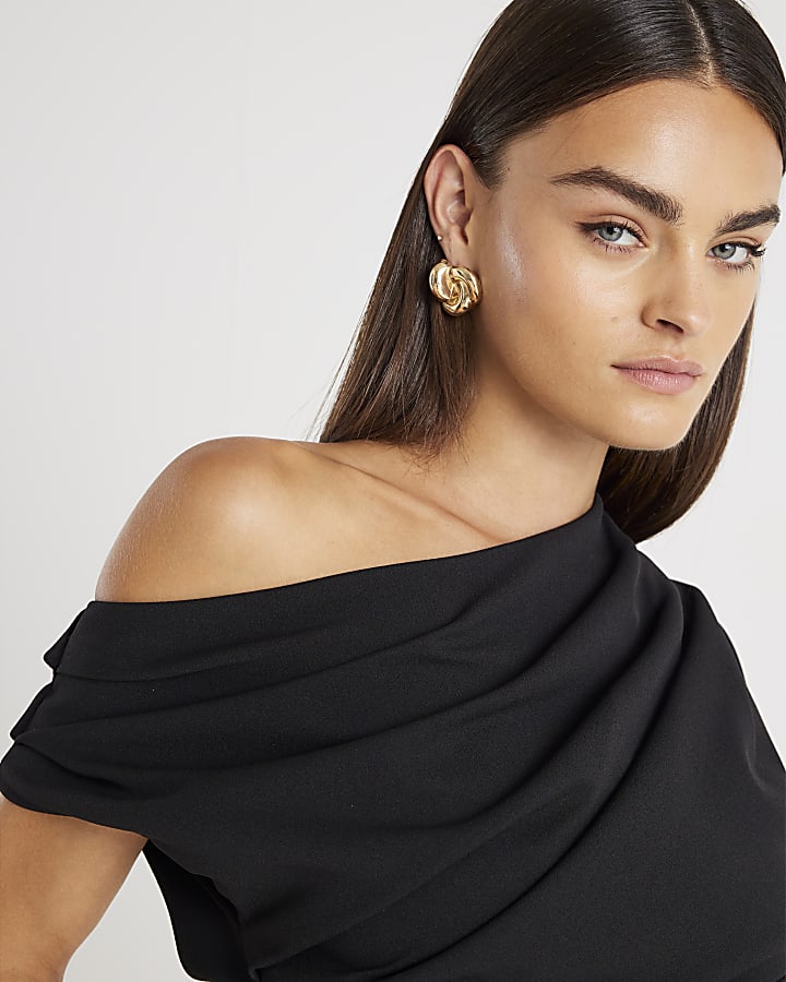 River Island Black Short Sleeve Off Shoulder Drape Top