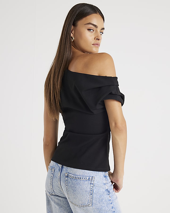 River Island Black Short Sleeve Off Shoulder Drape Top