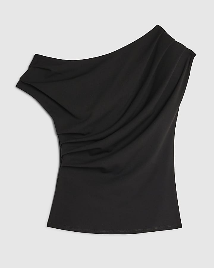 river island Black Short Sleeve Off Shoulder Drape Top