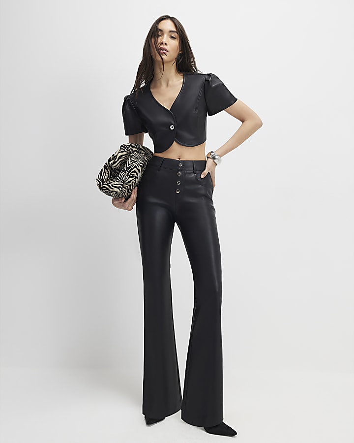 River Island Black Single Button Faux Leather Crop Top