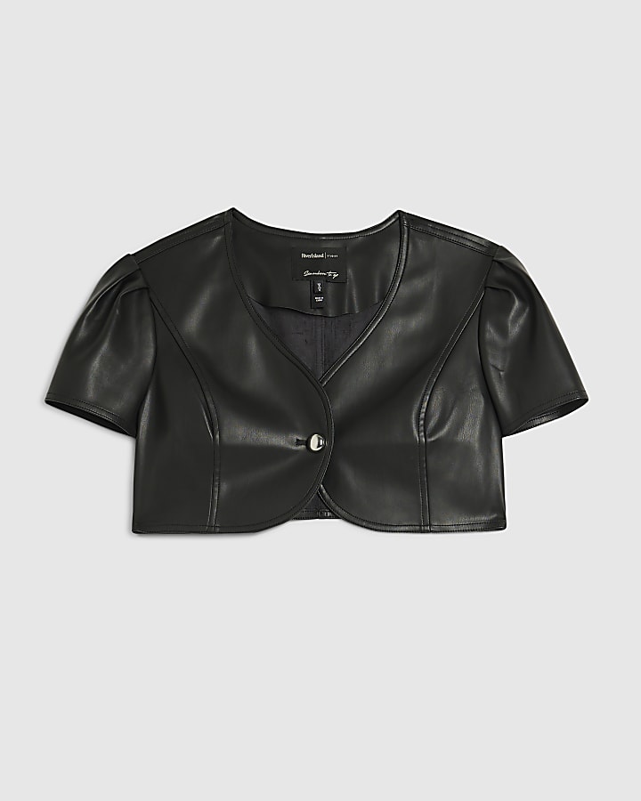 river island Black Single Button Faux Leather Crop Top