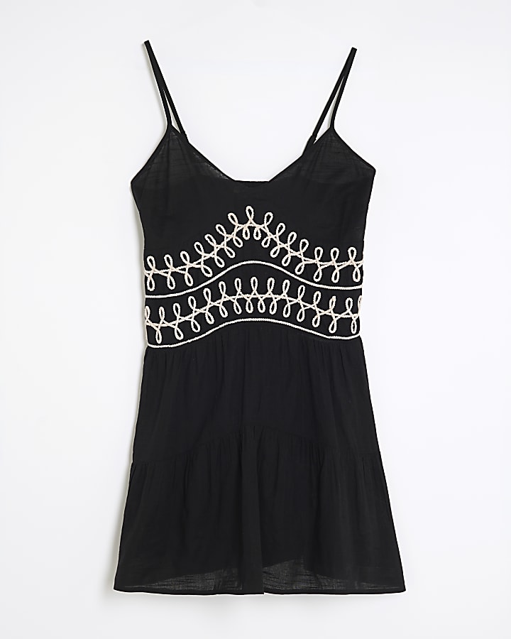 river island Black Sleeveless Embroidered Mini Beach Dress