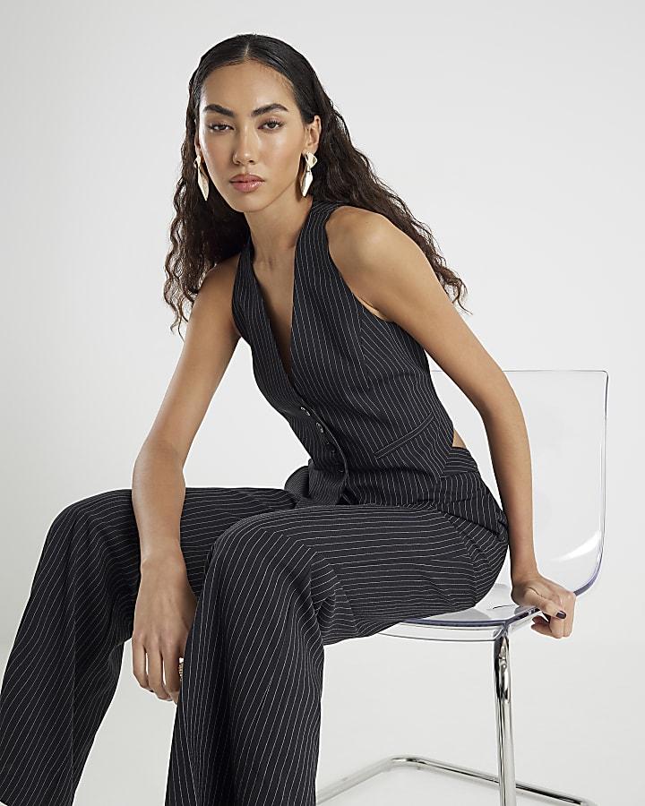 River Island Black Sleeveless Pinstripe Cropped Waistcoat