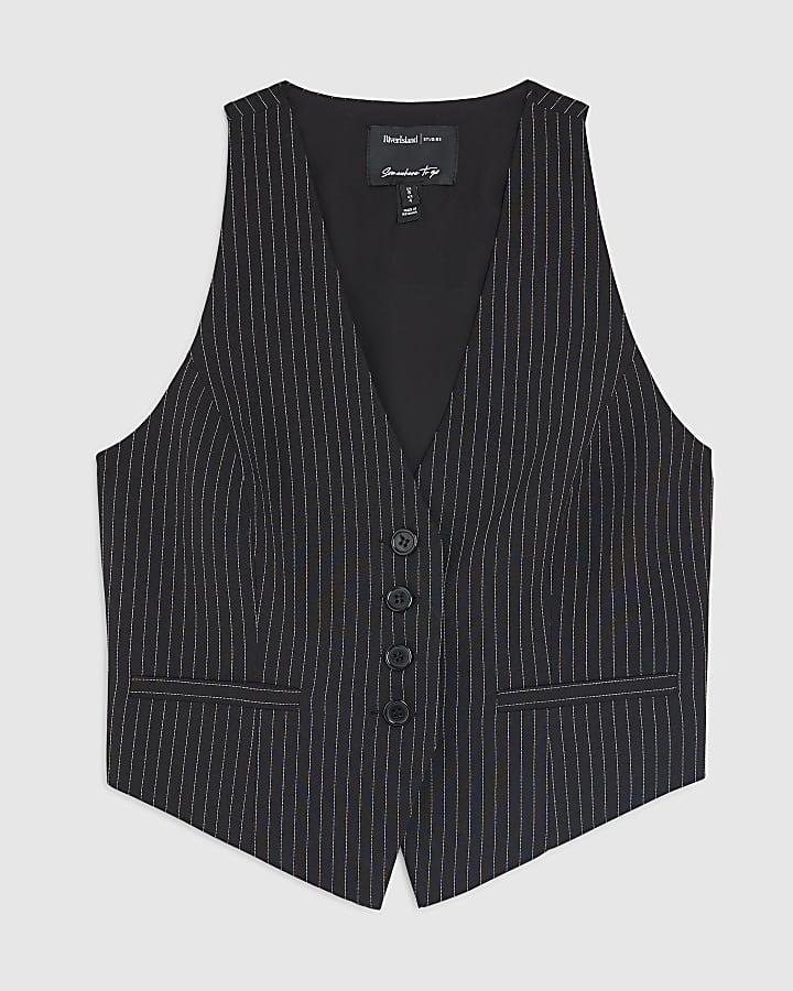 river island Black Sleeveless Pinstripe Cropped Waistcoat