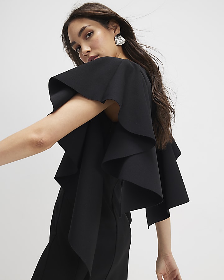 River Island Black Sleeveless Ruffle Shoulder Mini Dress