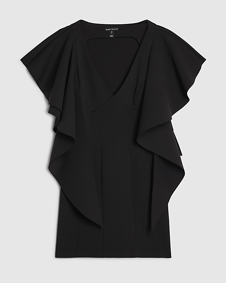 river island Black Sleeveless Ruffle Shoulder Mini Dress