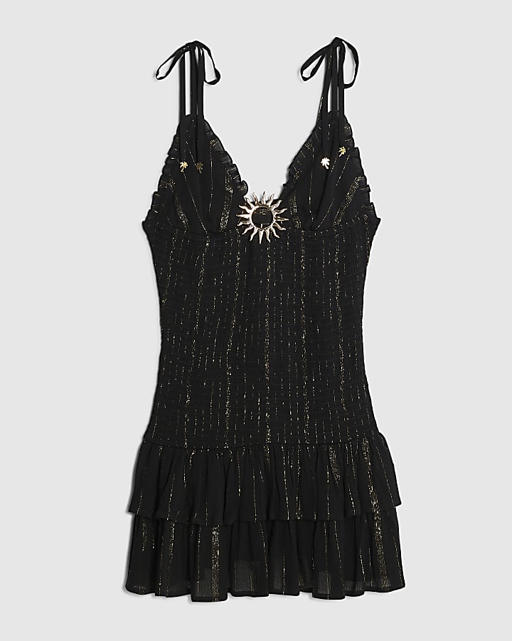 river island Black Sleeveless Shirred Mini Beach Dress