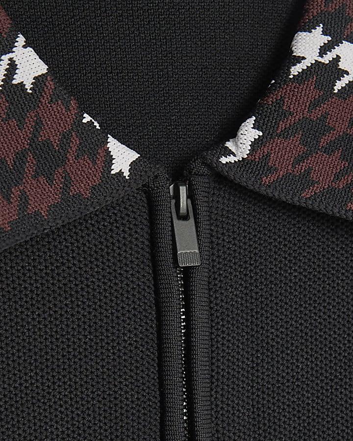 River Island Black Slim Fit Check Collar Polo Shirt