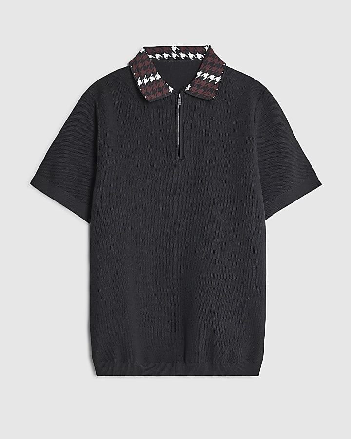 River Island Black Slim Fit Check Collar Polo Shirt