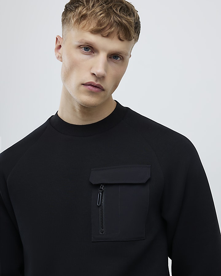 River Island Black Slim Fit Nylon Hybrid Sweatshirt