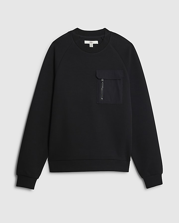 river island Black Slim Fit Nylon Hybrid Sweatshirt
