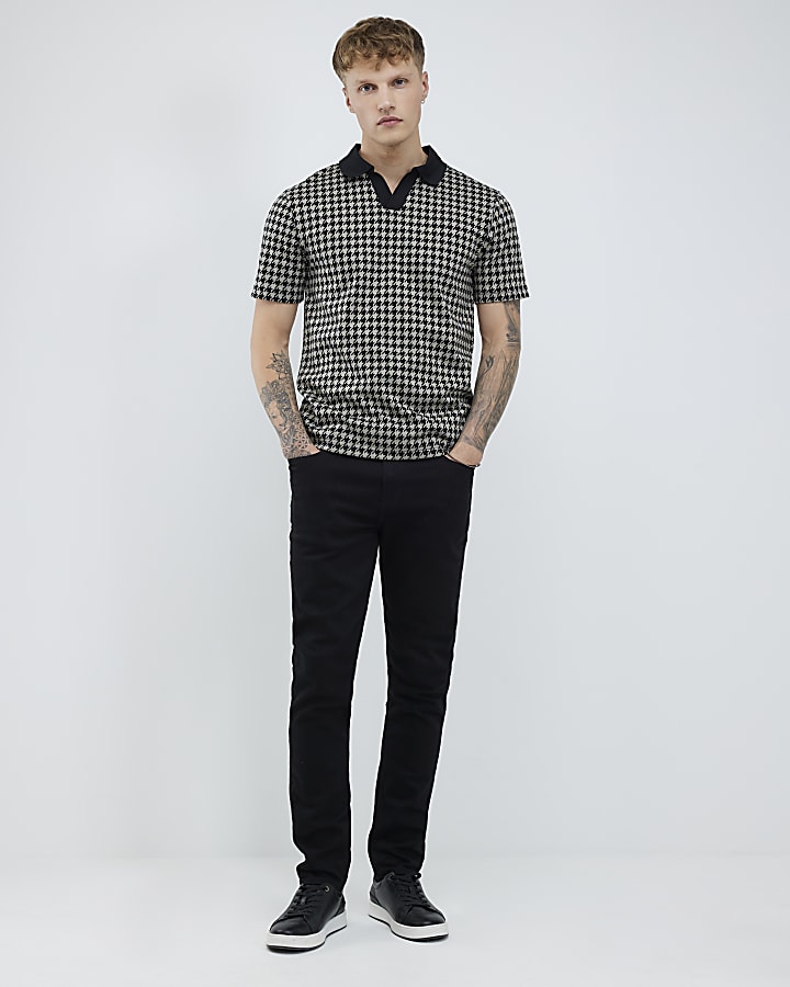 River Island Black Slim Fit Open Neck Dogtooth Polo Shirt