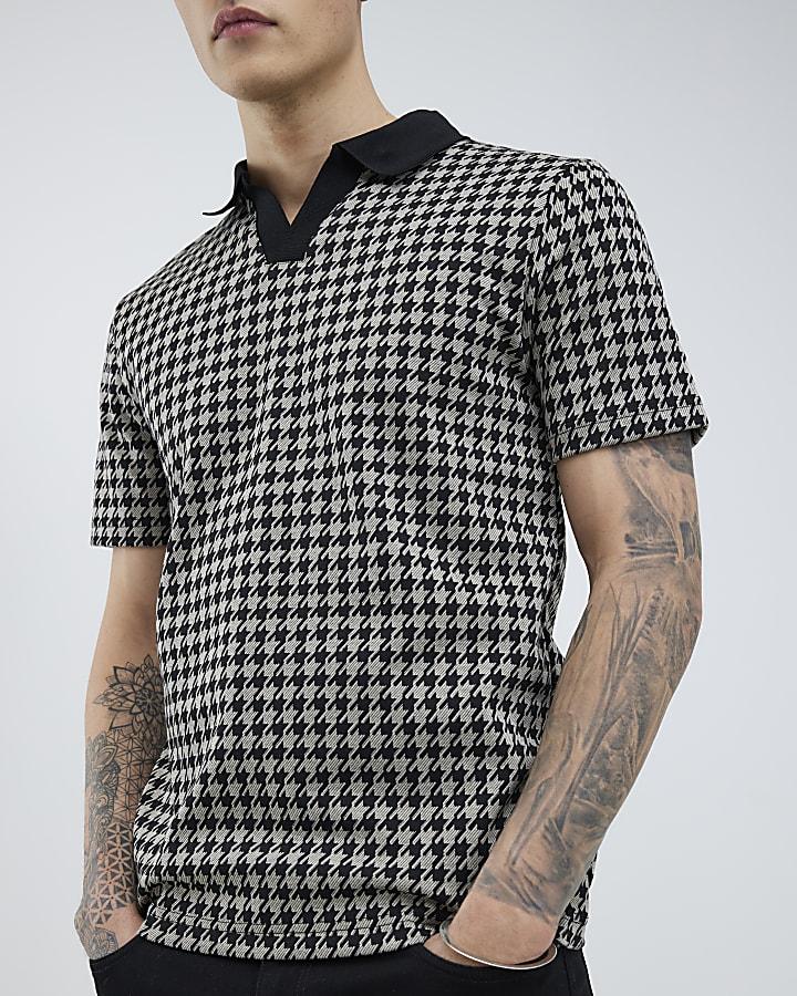 River Island Black Slim Fit Open Neck Dogtooth Polo Shirt