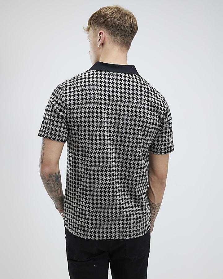 River Island Black Slim Fit Open Neck Dogtooth Polo Shirt