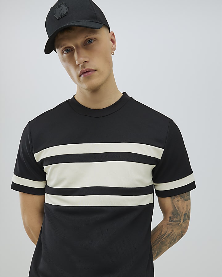 River Island Black Slim Fit Pique Colour Block T-Shirt