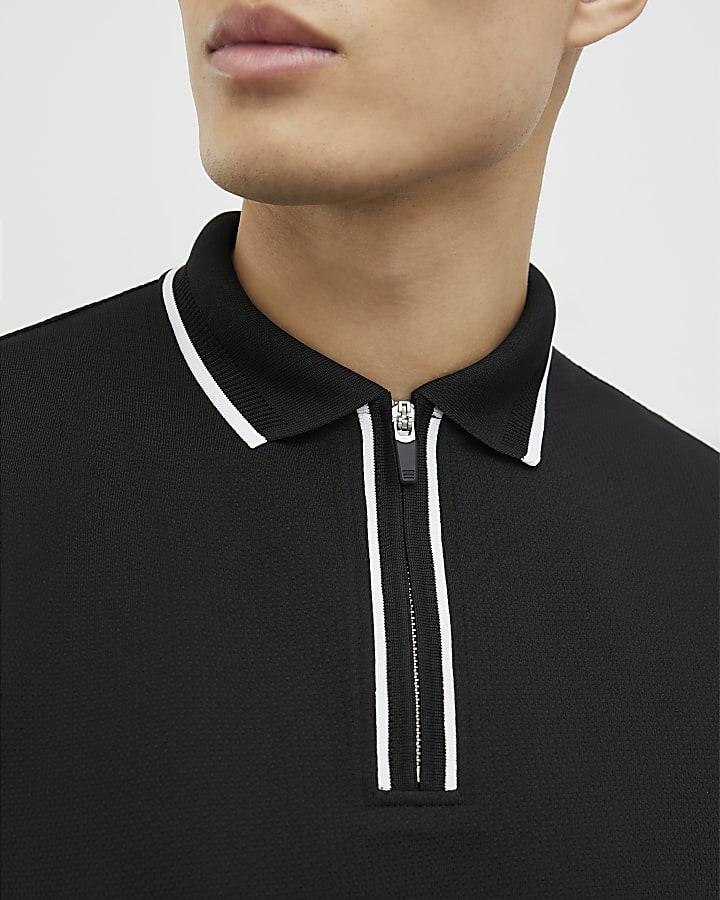River Island Black Slim Fit Textured Zip Tipped Polo Shirt