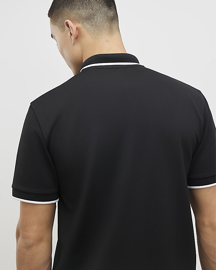 River Island Black Slim Fit Textured Zip Tipped Polo Shirt