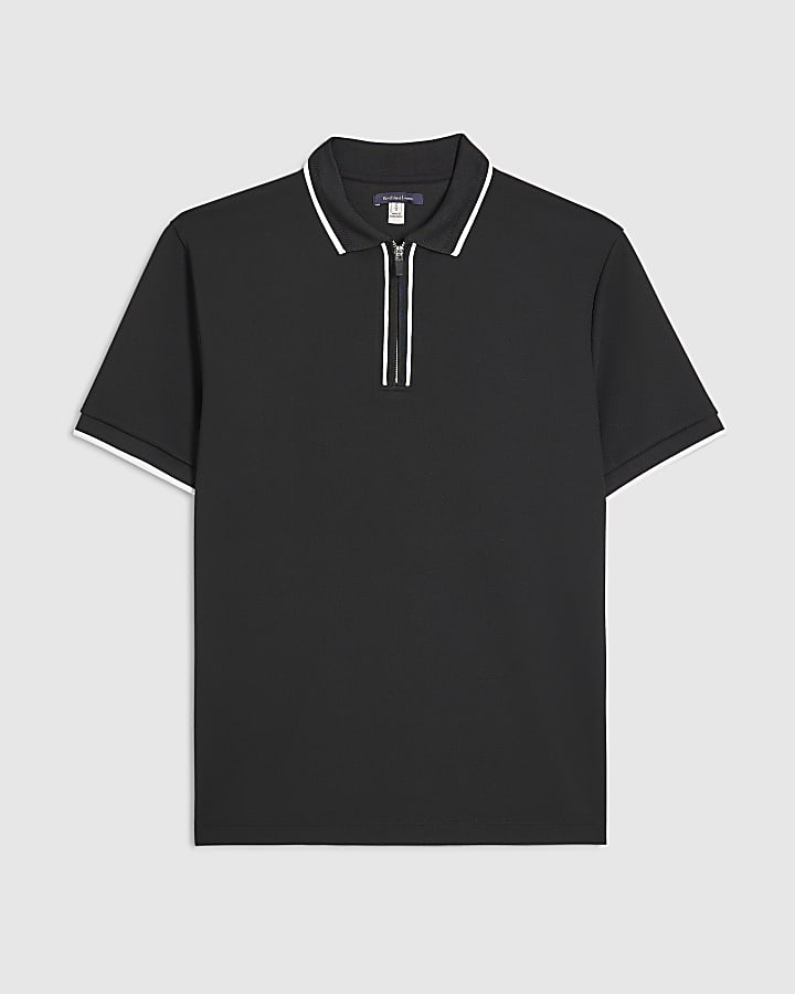 river island Black Slim Fit Textured Zip Tipped Polo Shirt