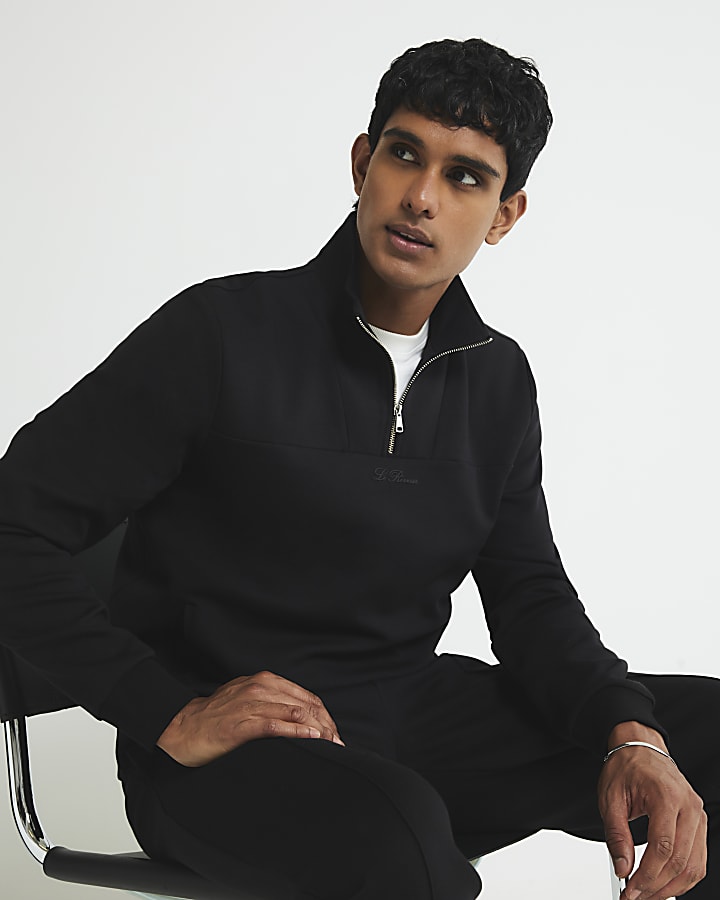 River Island Black Slim Fit Zipped Funnel Neck Sweatshirt