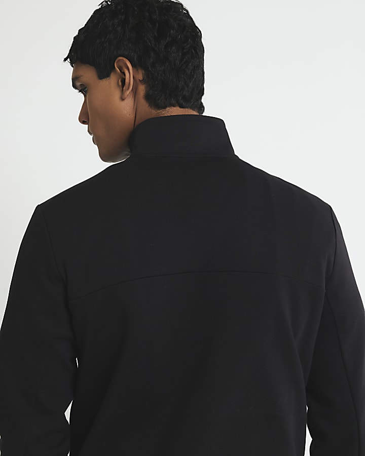 river island Black Slim Fit Zipped Funnel Neck Sweatshirt