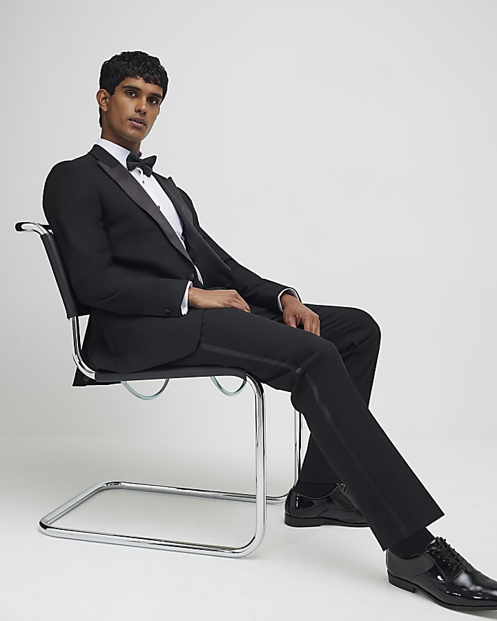 River Island Black Stretch Slim Fit Tuxedo Suit Trousers