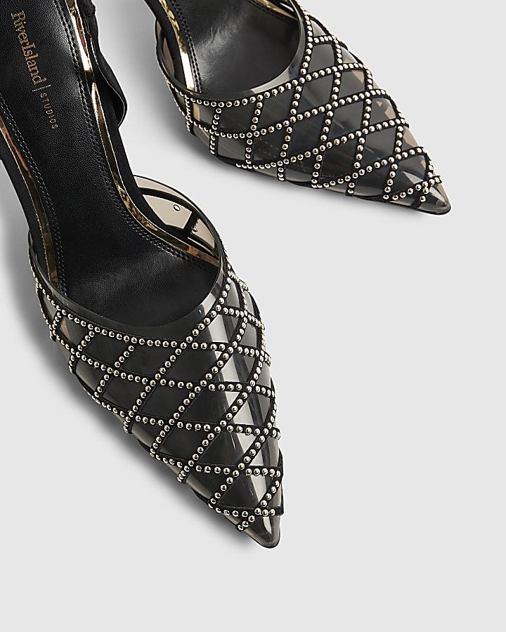 river island Black Studded Perspex Court Slingback Heels
