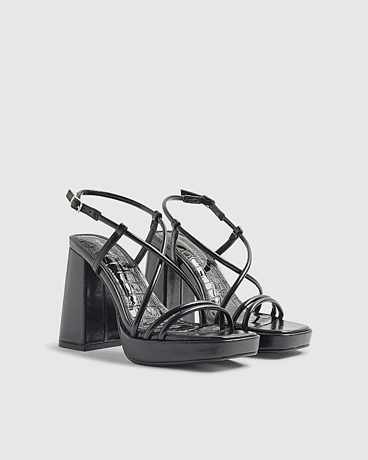 River Island Black Triple Strap Platform Heeled Sandals
