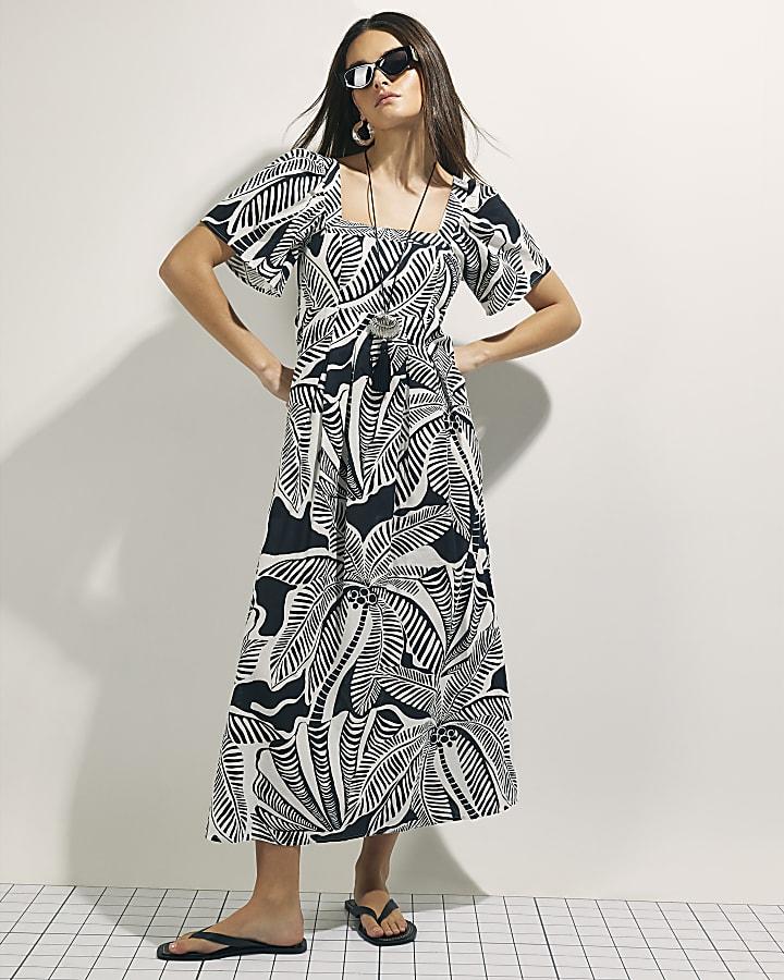 River Island Black Tropical Leaf Shirred Midi Dress