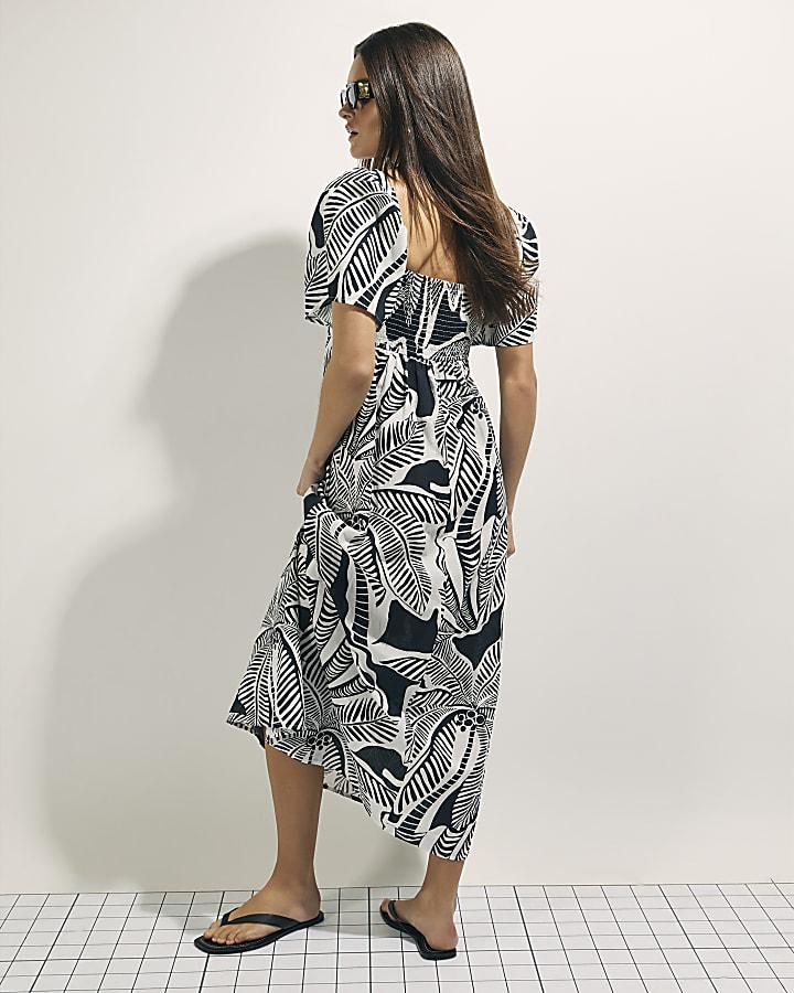 River Island Black Tropical Leaf Shirred Midi Dress