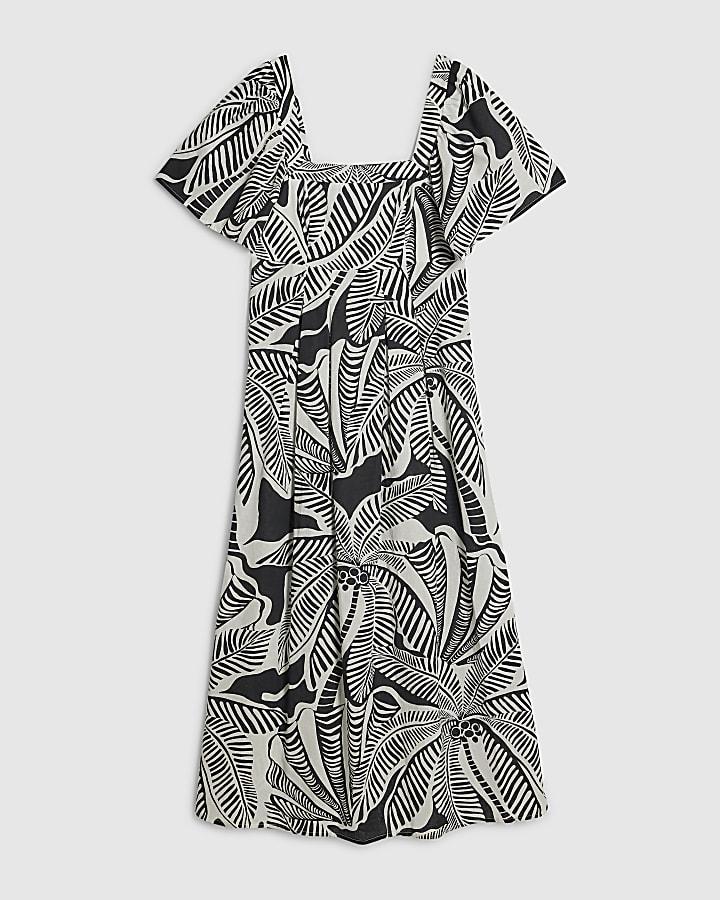 river island Black Tropical Leaf Shirred Midi Dress