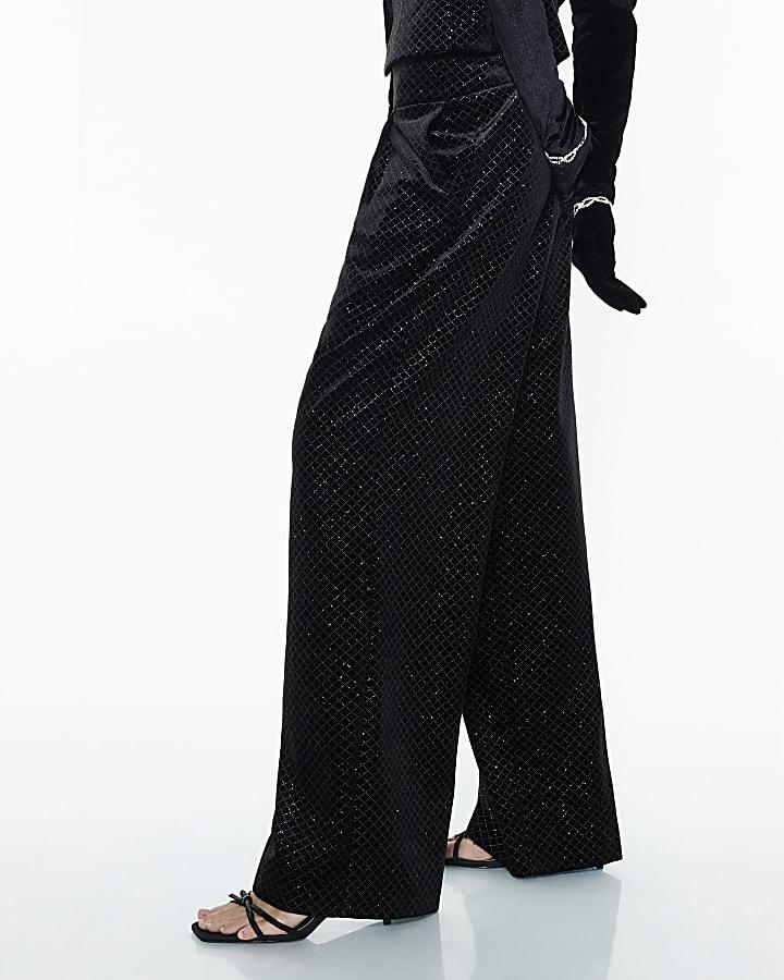 River Island Black Velvet Hotfix Check Wide Leg Trousers
