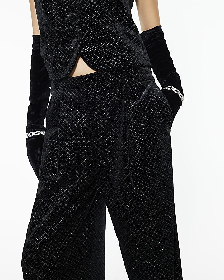 River Island Black Velvet Hotfix Check Wide Leg Trousers