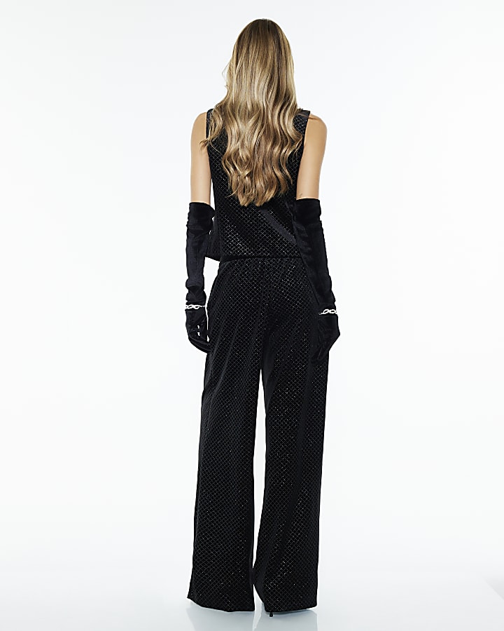 River Island Black Velvet Hotfix Check Wide Leg Trousers
