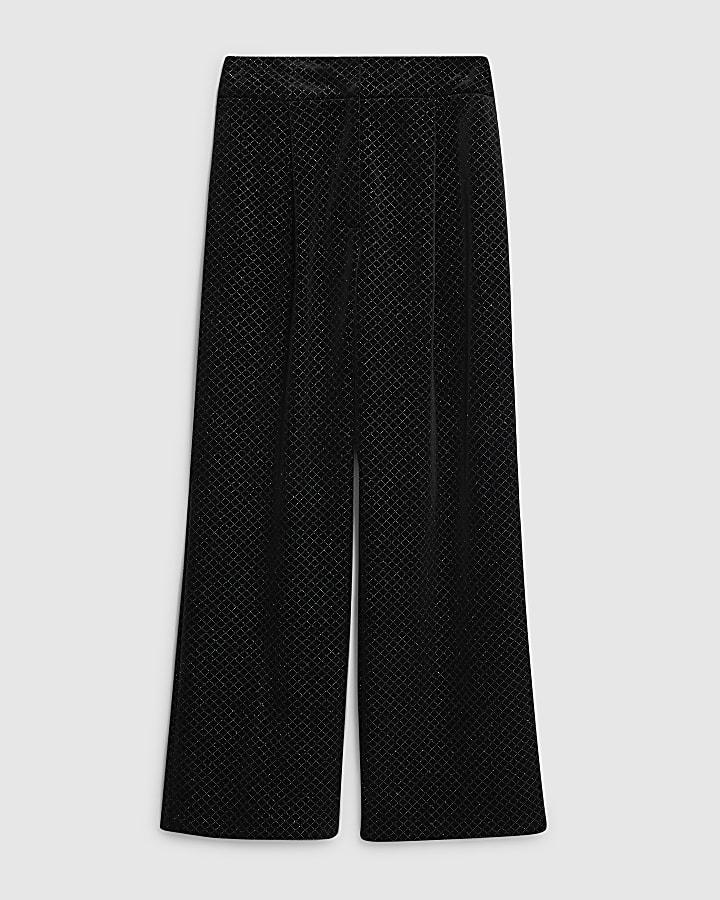 river island Black Velvet Hotfix Check Wide Leg Trousers