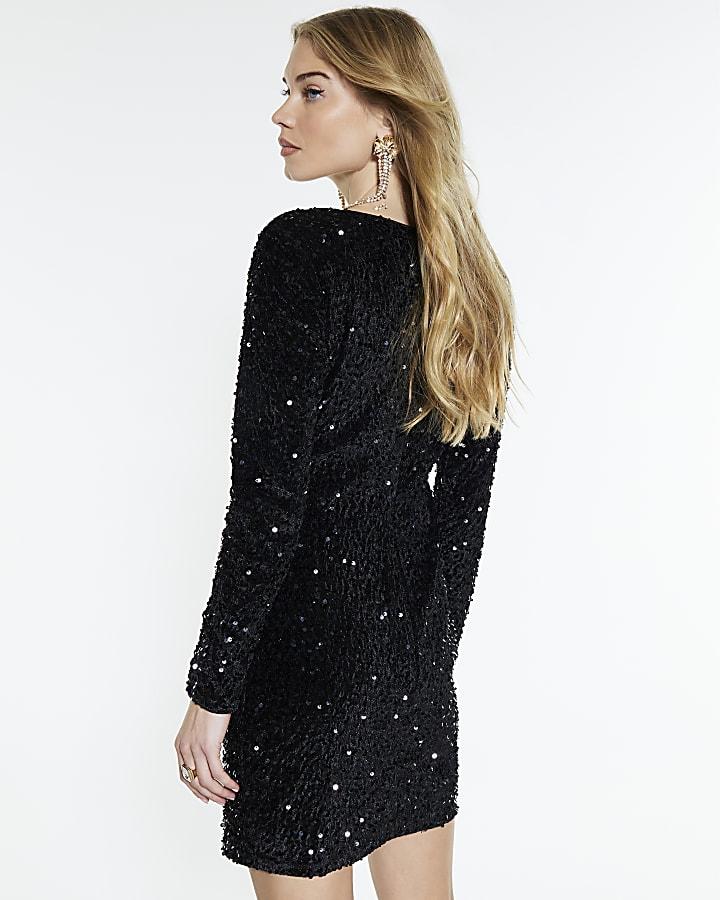 River Island Black Velvet Long Sleeve Cut Out Mini Dress