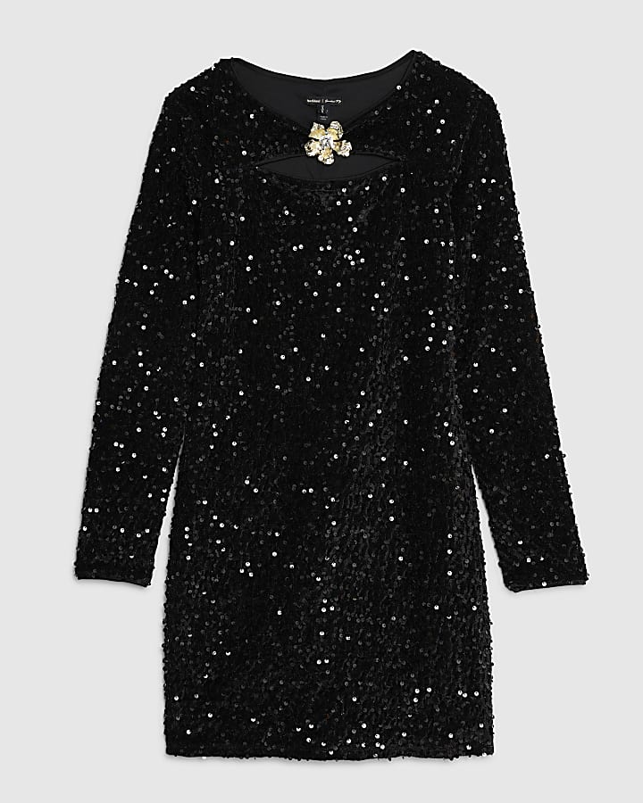 river island Black Velvet Long Sleeve Cut Out Mini Dress