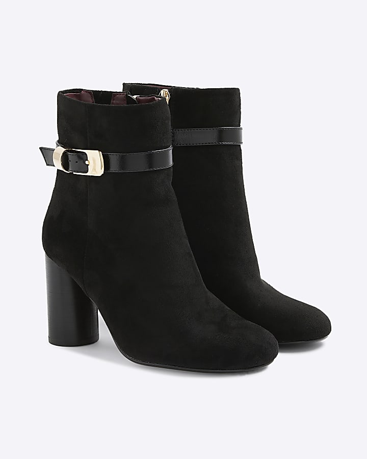 River Island Black Wide Fit Faux Suede Buckle Boots