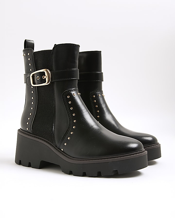 River Island Black Wide Fit Studded Buckle Wedge Boots