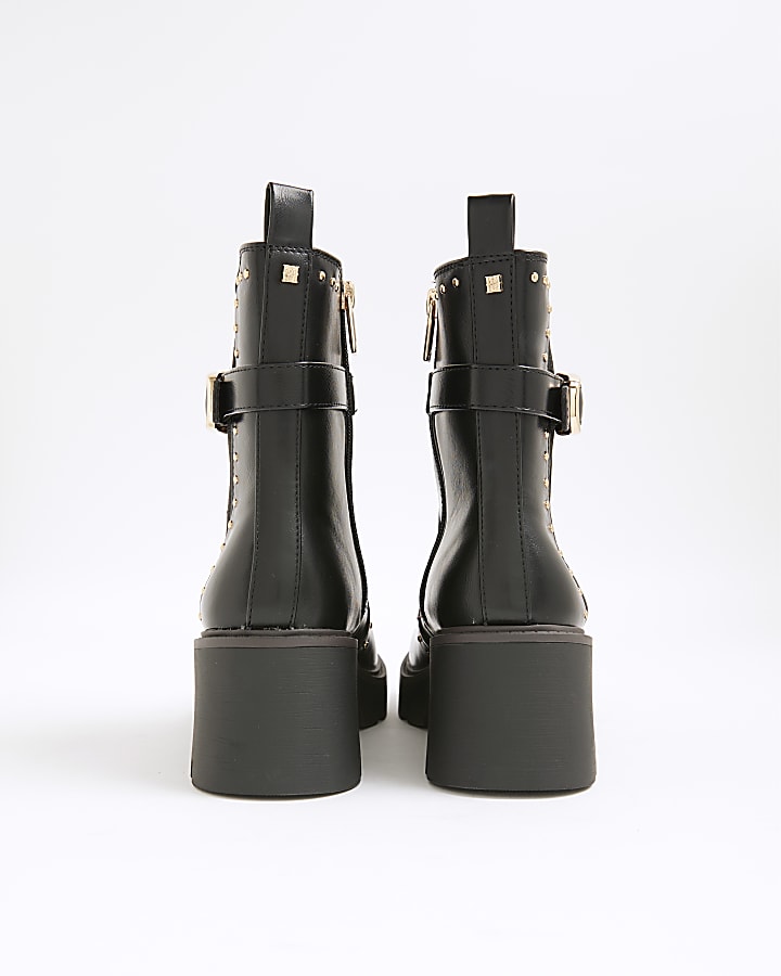 River Island Black Wide Fit Studded Buckle Wedge Boots