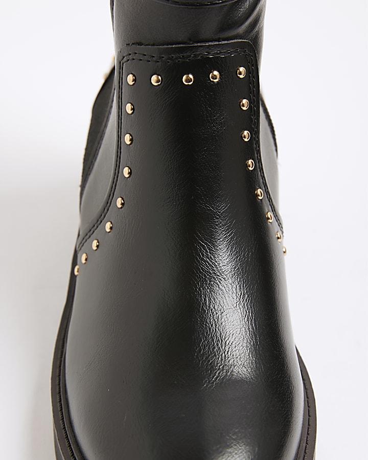 River Island Black Wide Fit Studded Buckle Wedge Boots