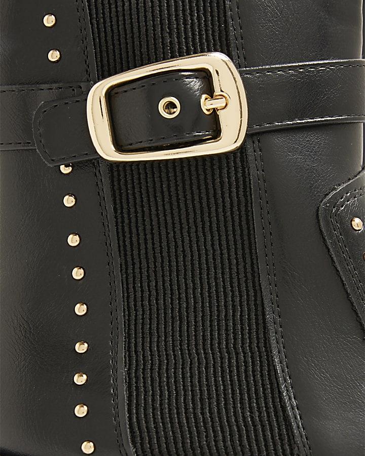 river island Black Wide Fit Studded Buckle Wedge Boots