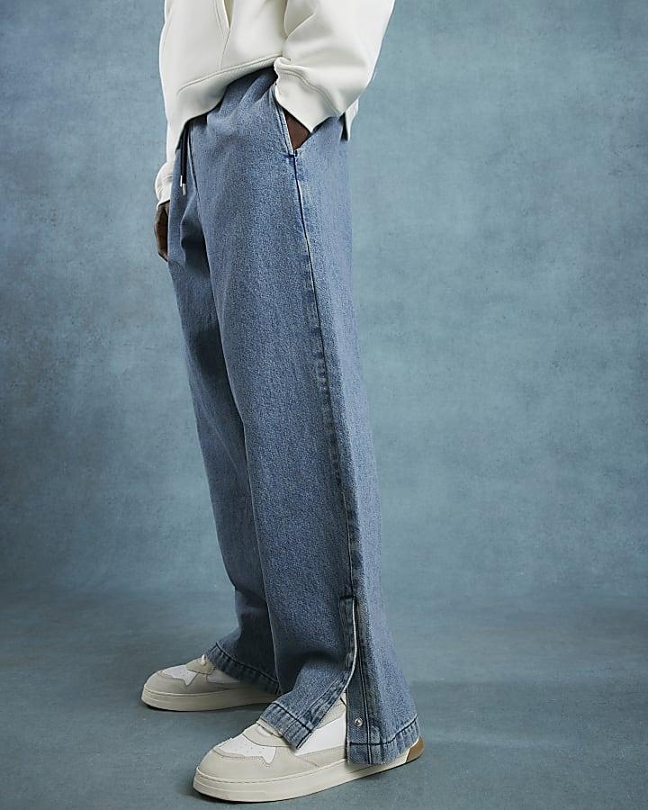 River Island Blue Baggy Fit Popper Split Hem Denim Joggers