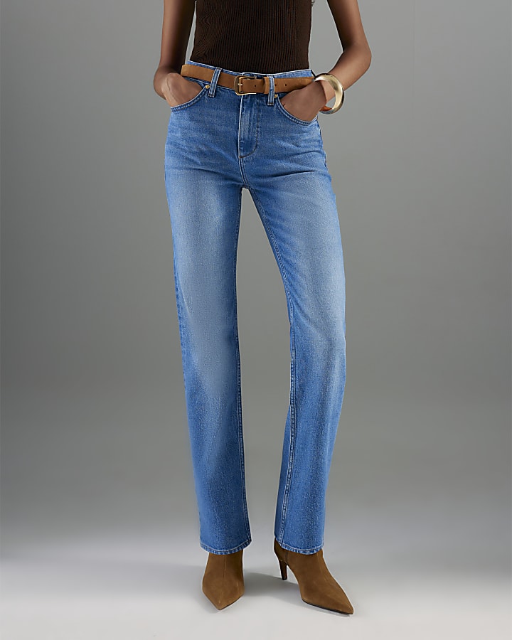 River Island Blue Belted Stretch Straight Leg Jeans