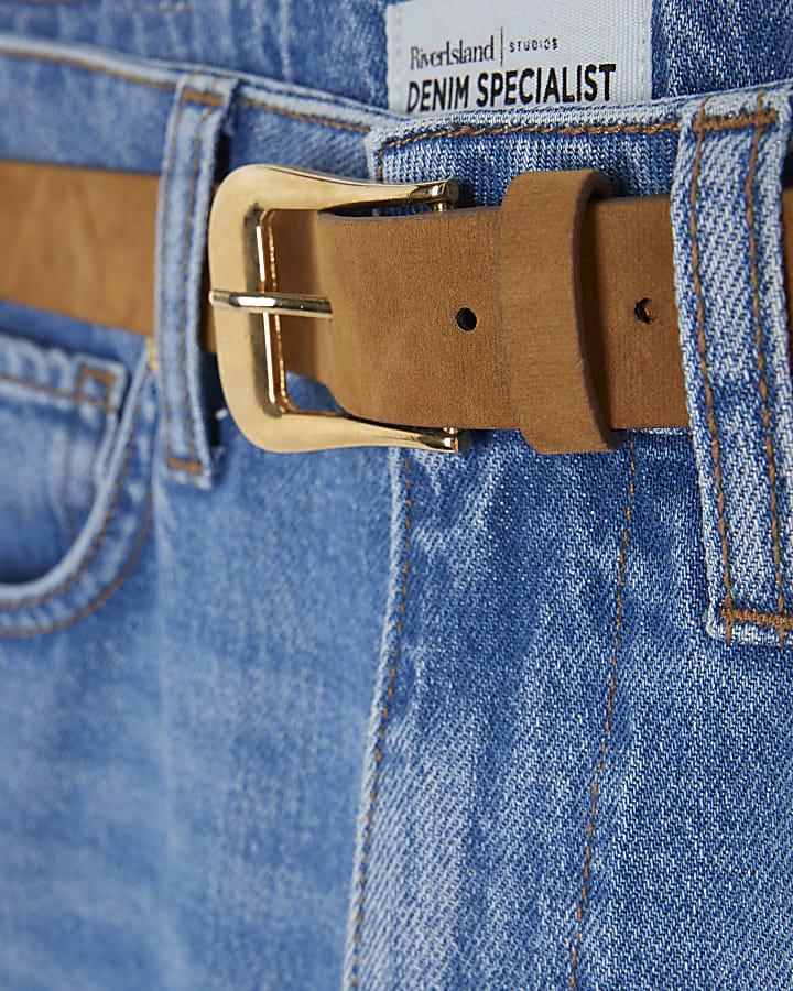 river island Blue Belted Stretch Straight Leg Jeans