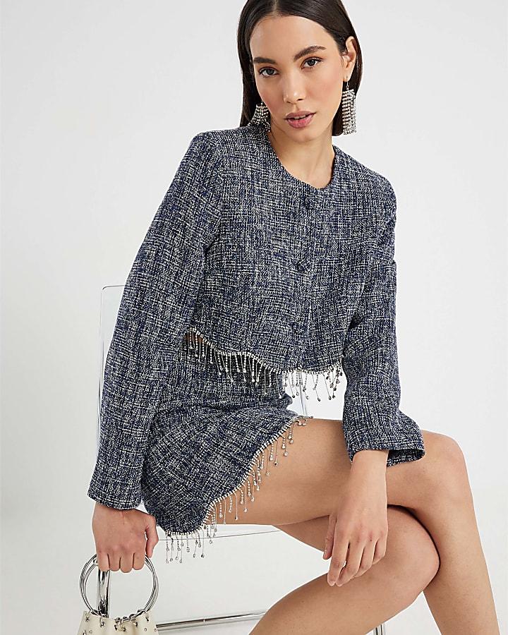 River Island Blue Boucle Cropped Scallop Trim Jacket
