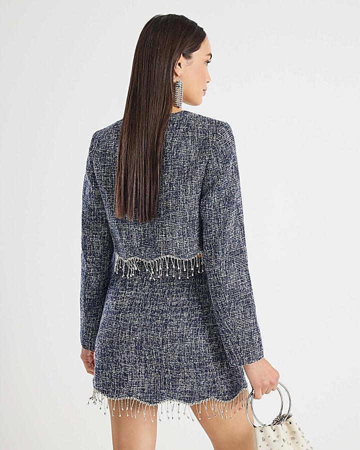 river island Blue Boucle Cropped Scallop Trim Jacket