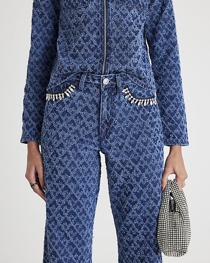 River Island Blue Boucle Embellished Straight Leg Jeans